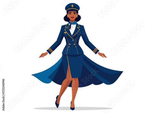 Stylish Female Airline Pilot Illustration in Blue Uniform with Cap