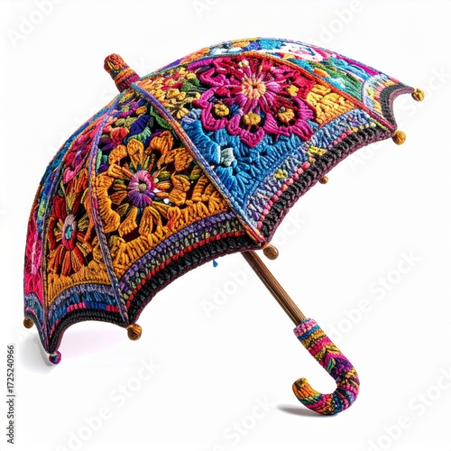 Elaborate Colorful Crochet Umbrella with Floral Motifs and Wooden Handle on White Background