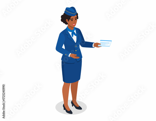 Friendly flight attendant in a blue uniform, presenting a boarding pass in a modern isometric illustration, symbolizing professional air travel service and hospitality