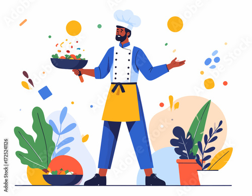 Skilled chef in a professional kitchen tossing food in a wok with a vibrant and colorful culinary backdrop