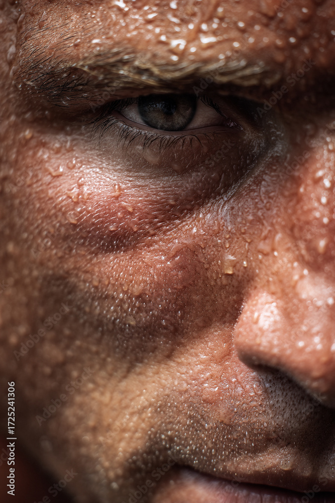 Obraz premium An intense close-up of a person's sweaty face during CrossFit, conveying exertion, focus, and raw determination.