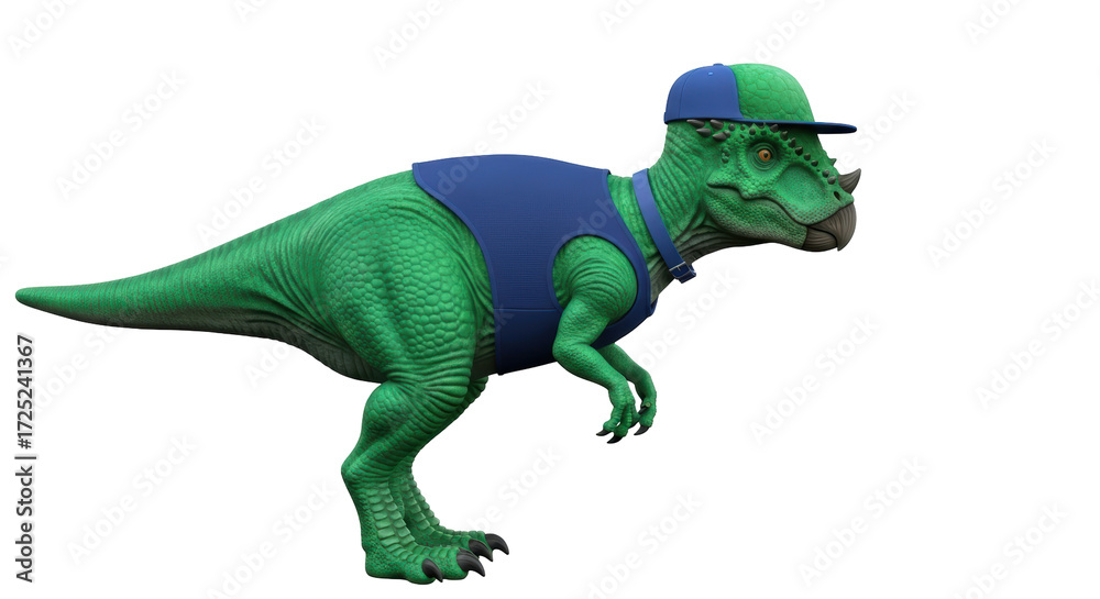 Fototapeta premium Isolated green Tyrannosaurus rex dinosaur with blue cap and vest on neutral background