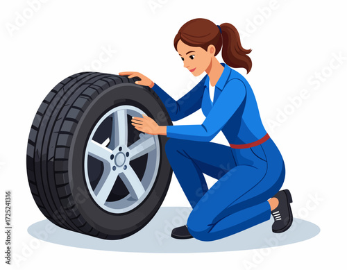 Professional woman auto mechanic in a blue jumpsuit kneeling and checking a vehicle wheel for tire service and maintenance