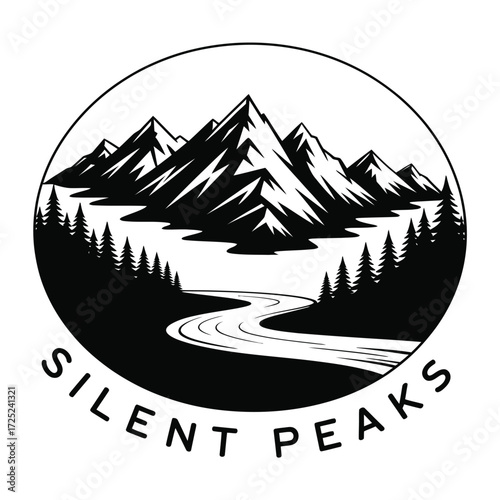 Black and white vector illustration of a mountain landscape with a winding river and forest in a circle badge, perfect for an outdoor adventure or nature brand logo