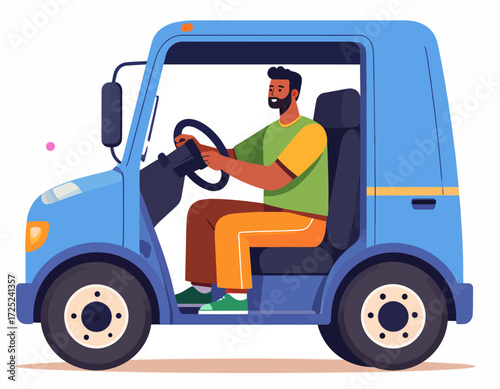 Bearded man driving a small blue delivery truck, perfect for efficient urban logistics, last-mile delivery, and courier services in a modern city setting