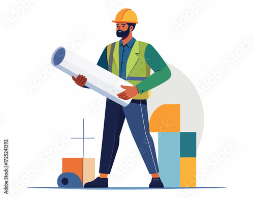 Dedicated Construction Professional with Blueprint Plans Symbolizing Engineering Development and Project Management Expertise in a Modern Flat Illustration