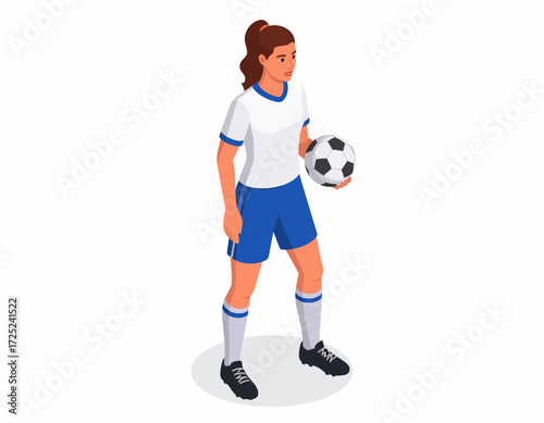 Dynamic isometric illustration of a female soccer player in a white and blue uniform, holding a football, ready for action on the field, representing women's sports and athletic skill