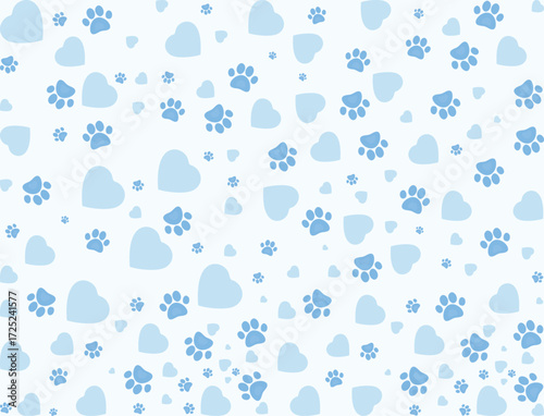 Blue paw prints and hearts on a light background—EPS pattern for pet branding, textiles, and decor.