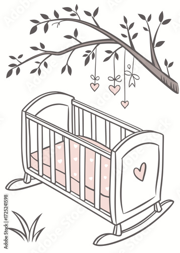 Illustration of a baby cot in front of a tree.