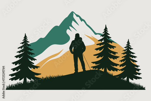 Silhouette of a hiker standing on a grassy hill with a backpack and trekking pole, gazing at a majestic mountain range under a vast sky