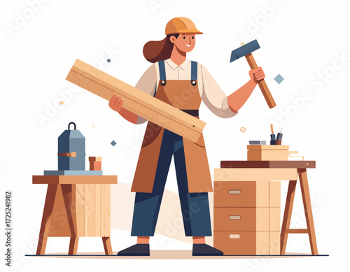 Smiling female carpenter in safety gear holding a wooden plank and hammer, showcasing craftsmanship and dedication in her workshop