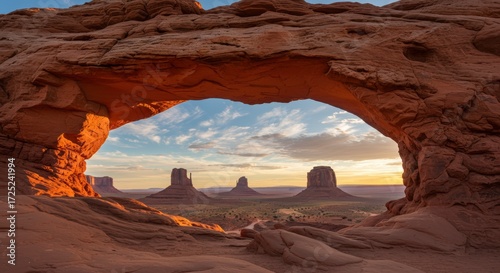 Sunrise view through natural rock arch