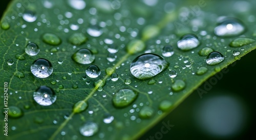 Raindrops on leaf reflecting moonlight, macro