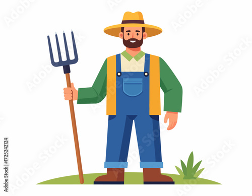 A farmer dressed in overalls and a straw hat, holding a pitchfork, stands in a field, conveying agricultural work and rural life