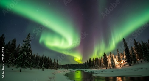 Wide-angle shot of aurora borealis above snowy landscape at night