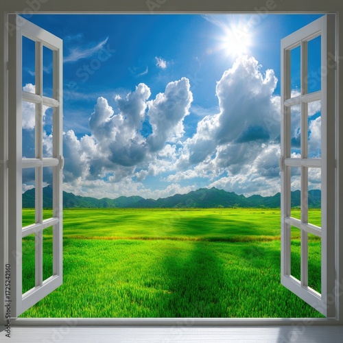 A vibrant view of a lush green field stretching out, framed by a window with a bright sky filled with fluffy clouds.