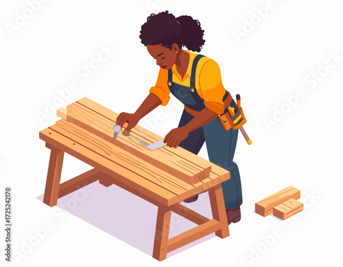 Isometric Illustration of a Skilled African American Woman Carpenter Meticulously Measuring Wood on a Workbench, Highlighting Precision, Craftsmanship, and DIY Project Dedication