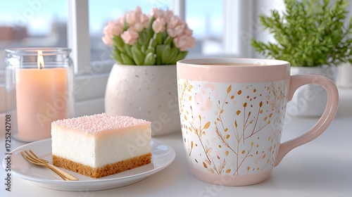 Modern Table Setting with Strawberry Cheesecake and Pastel Pink Accents