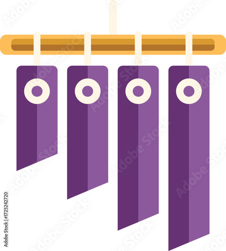 Four purple wind chimes with circular details hanging from a wooden stick are creating soothing sounds