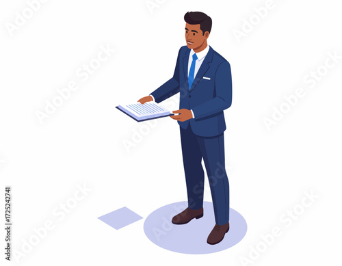 Isometric illustration of a businessman in a blue suit standing and reading documents from a folder. Professional character concept for business presentations