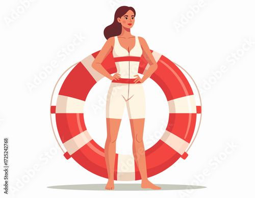 Lifeguard woman in vintage swimsuit with lifebuoy