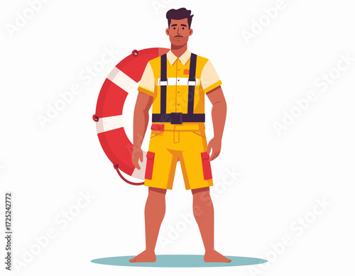 Lifeguard standing in a yellow uniform with a red and white life preserver ring, ready for duty