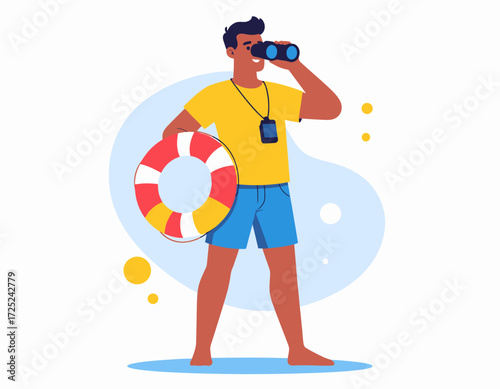 Lifeguard with Binoculars and Life Ring A Vector Illustration for Safety and Summer Fun