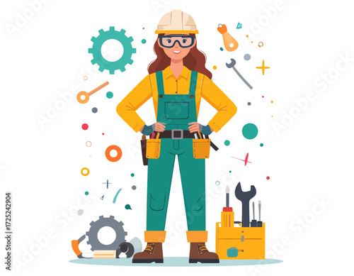 Female Construction Worker with Tools Engineering, Safety, and Skill in a Vector Illustration