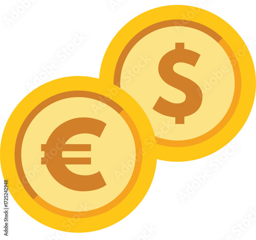 Golden coins with dollar and euro signs representing international currency exchange and global finance