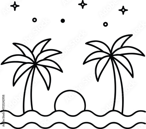 Minimalist line art of two palm trees on a tropical beach with a setting sun and stars, isolated on white background