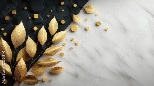 Elegant gold leaves on a black and white marble background with decorative elements
