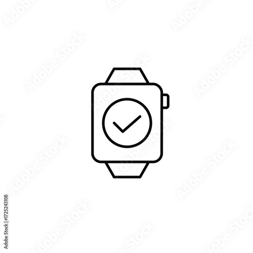 Smart watch and checkmark. User account confirmed, synchronization across devices. Pixel perfect, editable stroke vector icon