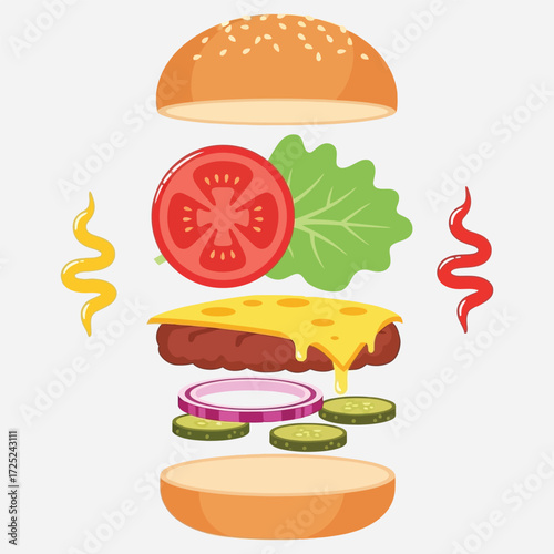 Deconstructed classic American cheeseburger with flying ingredients like beef patty, cheese, and fresh vegetables for assembly
