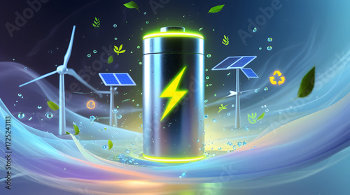 High-tech sustainable energy illustration featuring holographic battery with glowing eco-friendly holograms