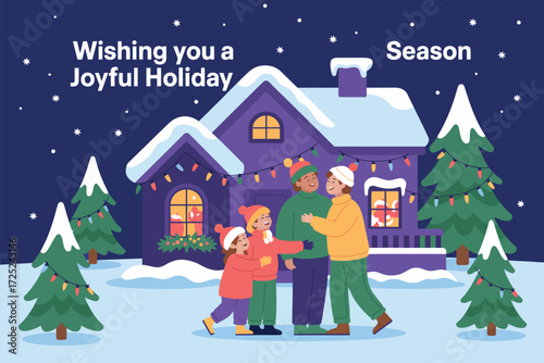 Joyful Holiday Season A Family Gathering at Home in a Snowy Winter Scene