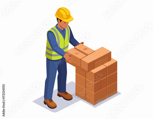 Isometric vector illustration of a construction worker in a yellow hard hat and safety vest stacking bricks on a pallet for a building project