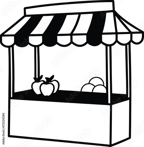 Simple line drawing of a fruit stall with apples and oranges, isolated on white background