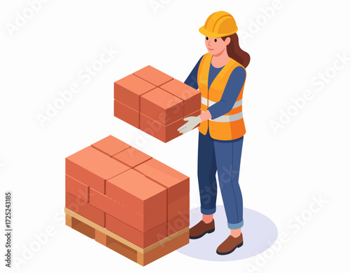 Female construction worker in protective gear meticulously stacking building bricks on a wooden pallet, showcasing efficient material handling on a job site