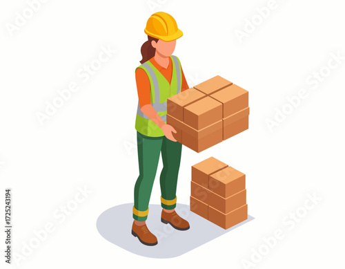 Female Construction Worker Carrying Cardboard Boxes Illustration