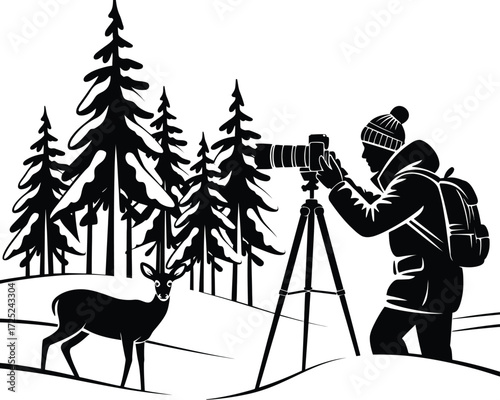 Wildlife Photographer in Snowy Forest Capturing Winter's Beauty