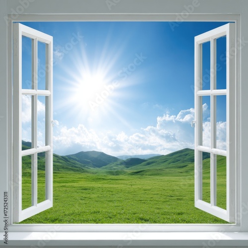 A bright, sunny vista unfolds through an open window, showcasing lush green hills and a clear blue sky.