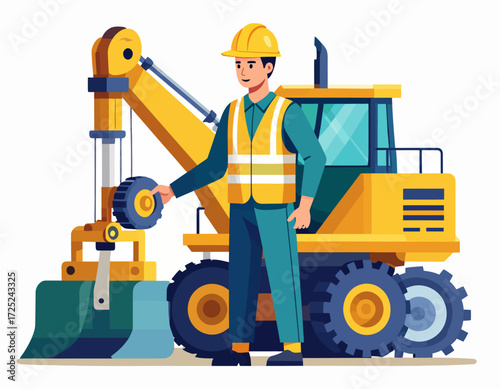 Professional construction worker in a hard hat and safety vest standing proudly beside a large yellow excavator, symbolizing heavy industry, groundworks, and infrastructure development projects