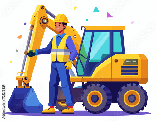 Happy construction worker in safety gear with a yellow excavator, representing industrial development, heavy machinery, and successful engineering projects