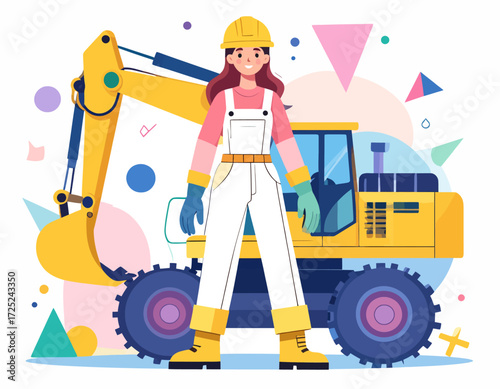 Skilled female engineer in a hard hat and overalls standing confidently in front of a heavy excavator at a construction site