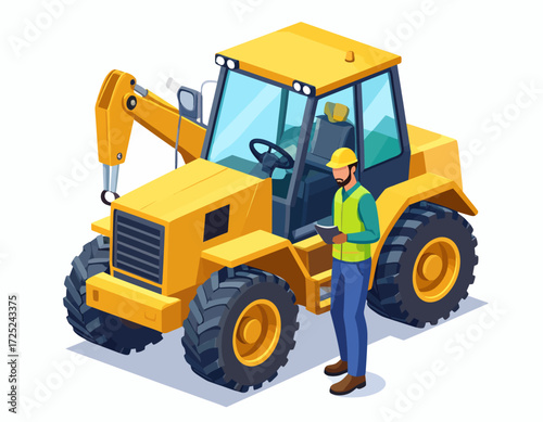 Engineer with a tablet inspecting a yellow backhoe loader, isometric vector illustration for the construction industry