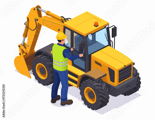 Isometric illustration of a construction worker and a yellow excavator at a building site