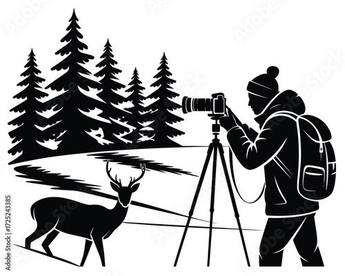 Photographer in Winter Landscape Capturing a Deer in its Natural Habitat with a Professional Camera