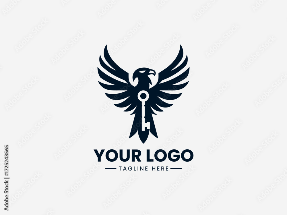 Fototapeta premium Minimalist bird vector logo with antique key symbol for security company or locksmith business branding