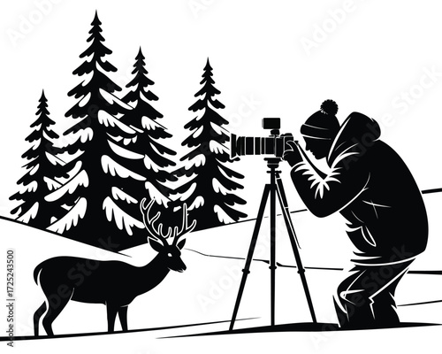 Wildlife photographer capturing a deer in a snowy forest landscape with a professional camera on a tripod, illustration