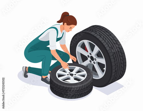 Female Mechanic Changing Car Tires in Isometric Vector Illustration